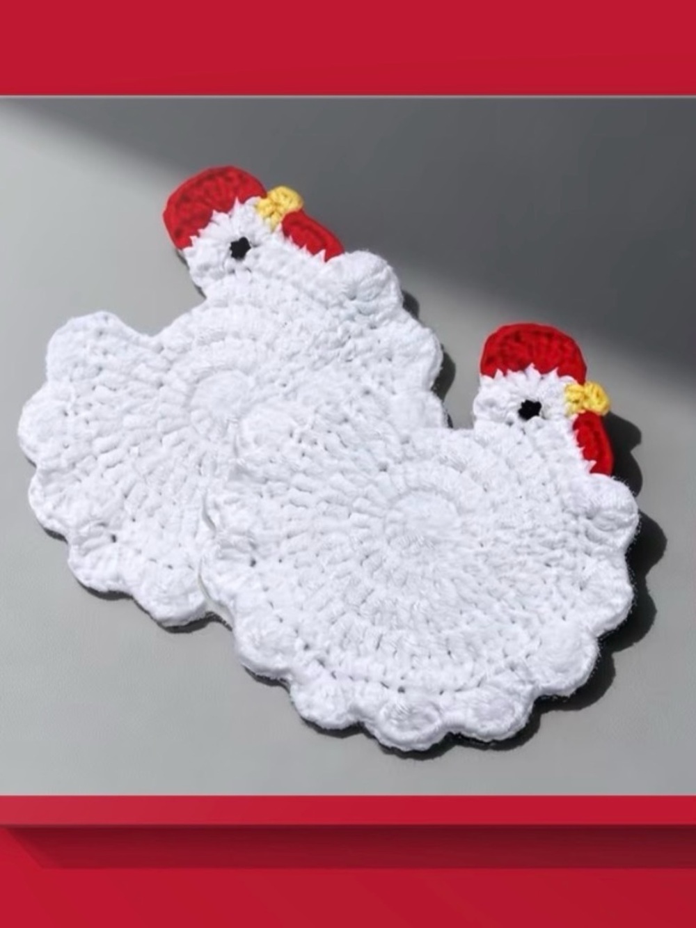Hand Crafted White Crochet Hen & Chick Pot Holders/Coaster